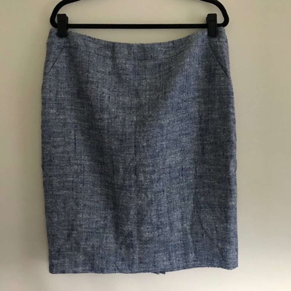 Escada Silk and Linen Pencil Skirt - navy & white tweed texture w pockets